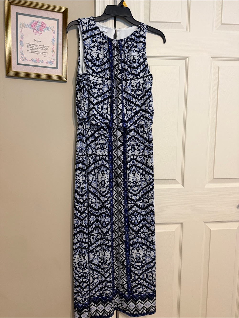 London Times Navy and White Sleeveless Printed Maxi Dress
